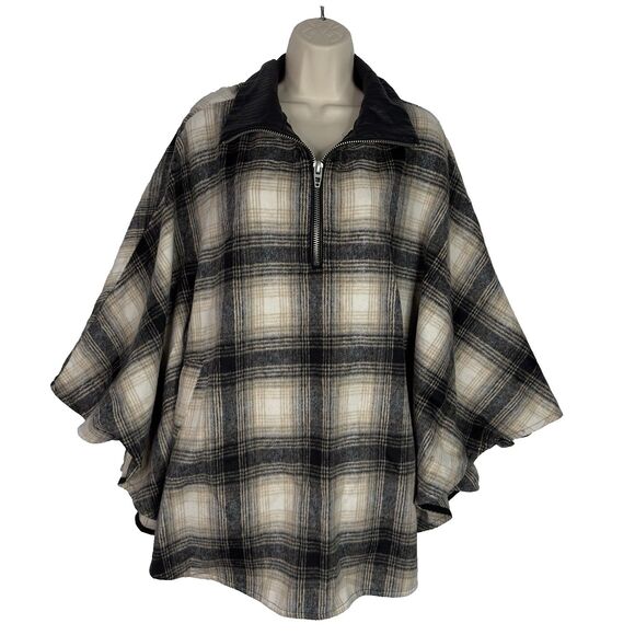 Blank NYC Poncho Cape Jacket Checked Out Plaid OS 1/4 Zip Vegan Leather Collar - Picture 1 of 13